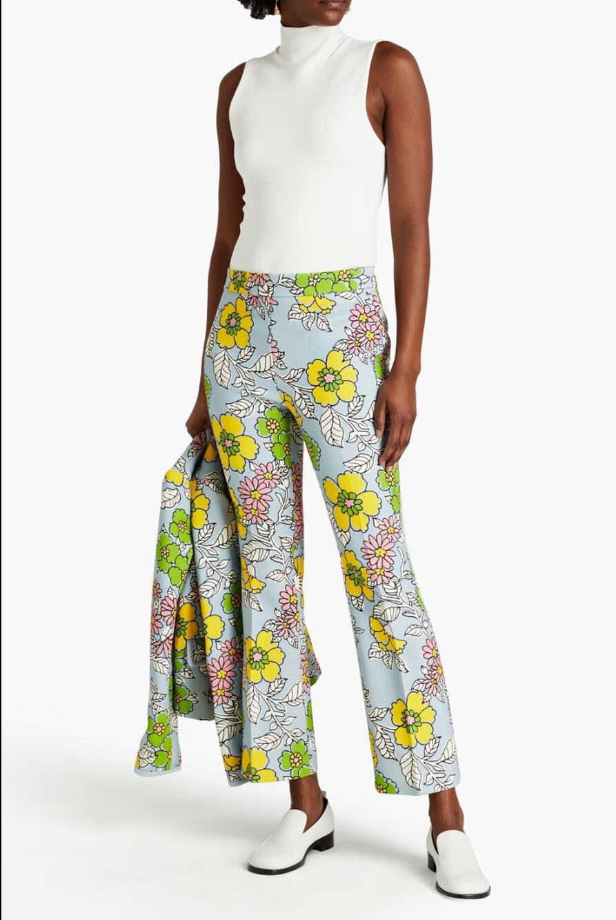TORY BURCH Printed Twill Crepe Flared Pants | Blue Floral Wallpaper | NWT | 0